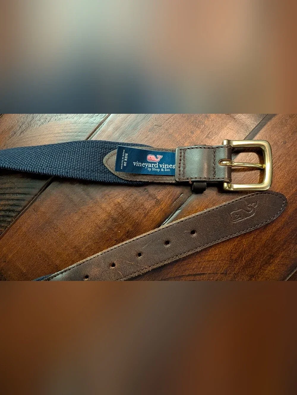 Vineyard Vines Vintage Blue Cotton Silk Whales Logo Leather Casual Belt Size 38